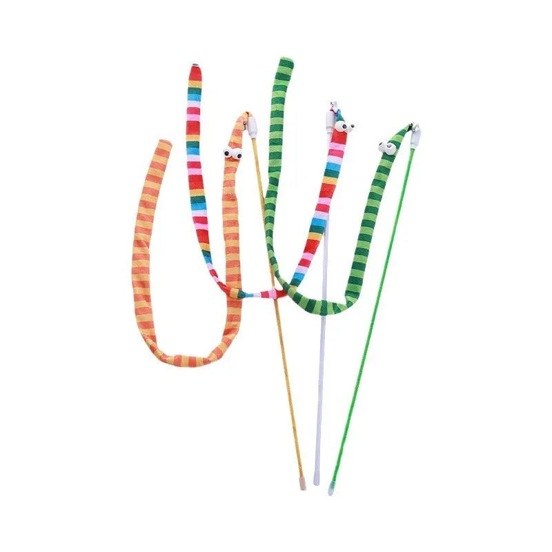 Cat wand teaser toy with long plush strip on a polycarbonate pole, shown in vibrant colours.