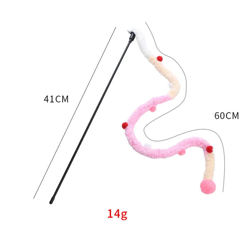 Interactive cat toy wand with colourful plush strip and bell attachment for indoor cat play