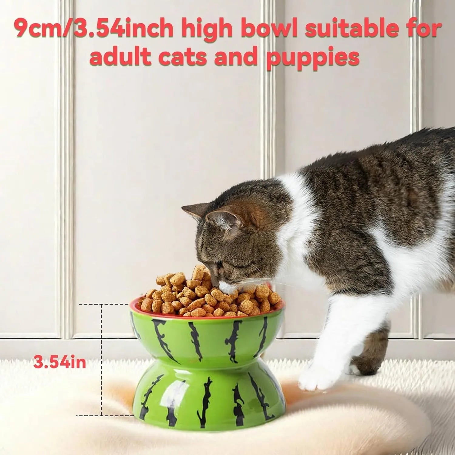 Ceramic elevated cat bowl with tilted design and patterned finish for comfortable pet feeding