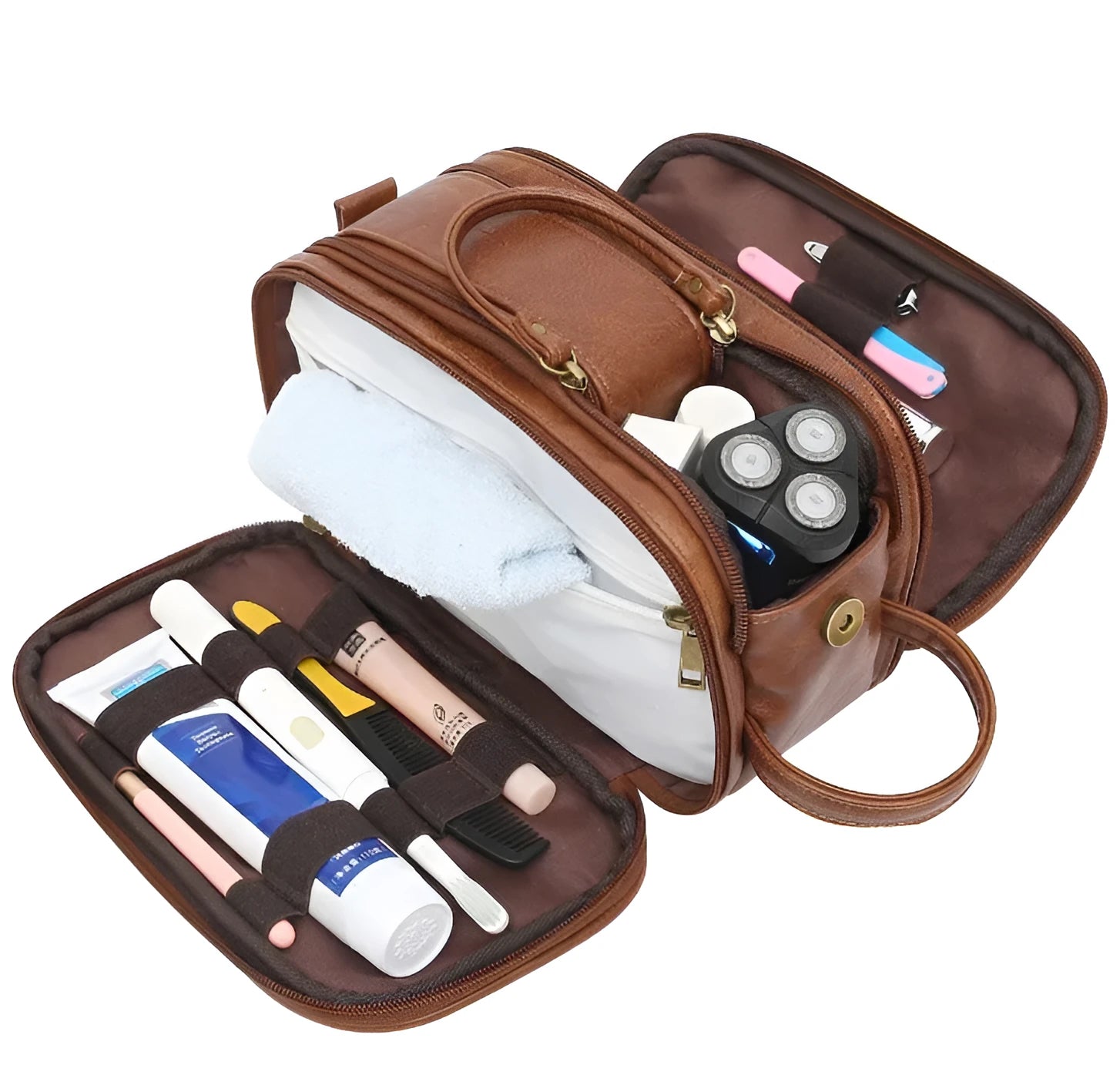 Black and brown solid colour men's PU toiletry travel bag.