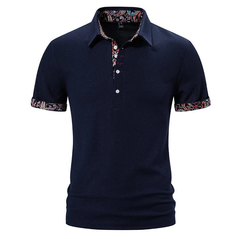 Men's navy blue polo shirt with white contrast stitching on the turnover neck and short sleeves.