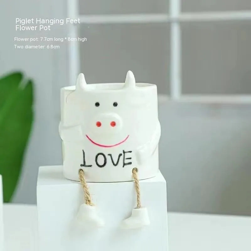 Ceramic hanging foot flowerpot for succulent plants in cartoon style with multiple colour options