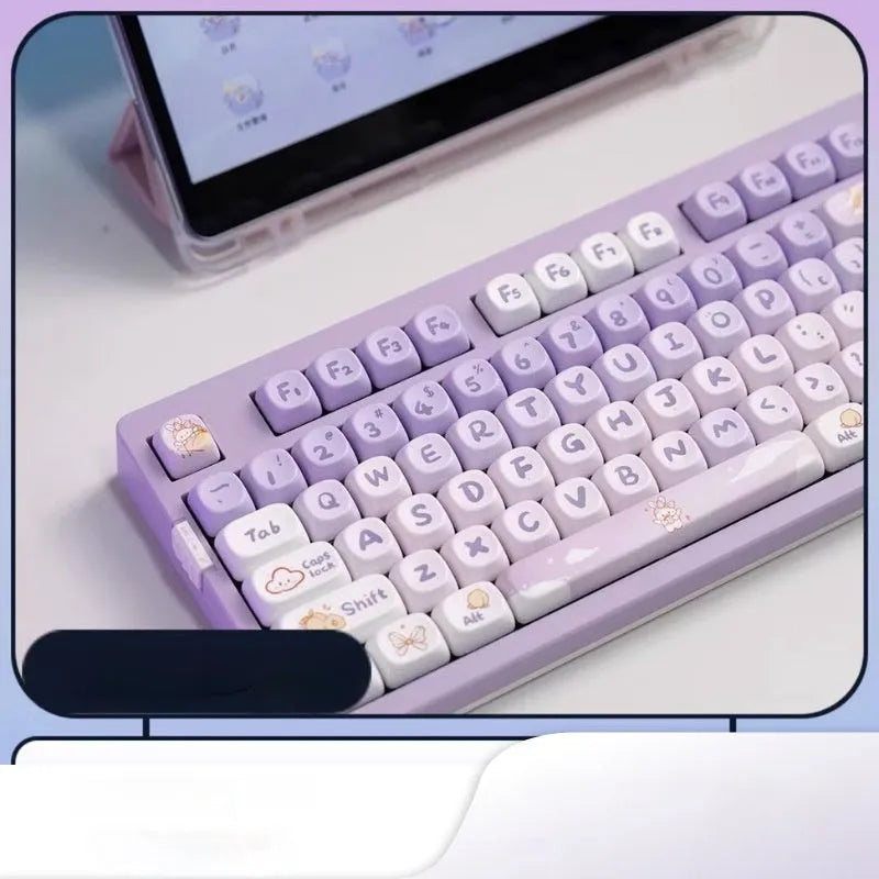 Set of gradient purple PBT key caps for mechanical keyboards featuring rabbit artwork.