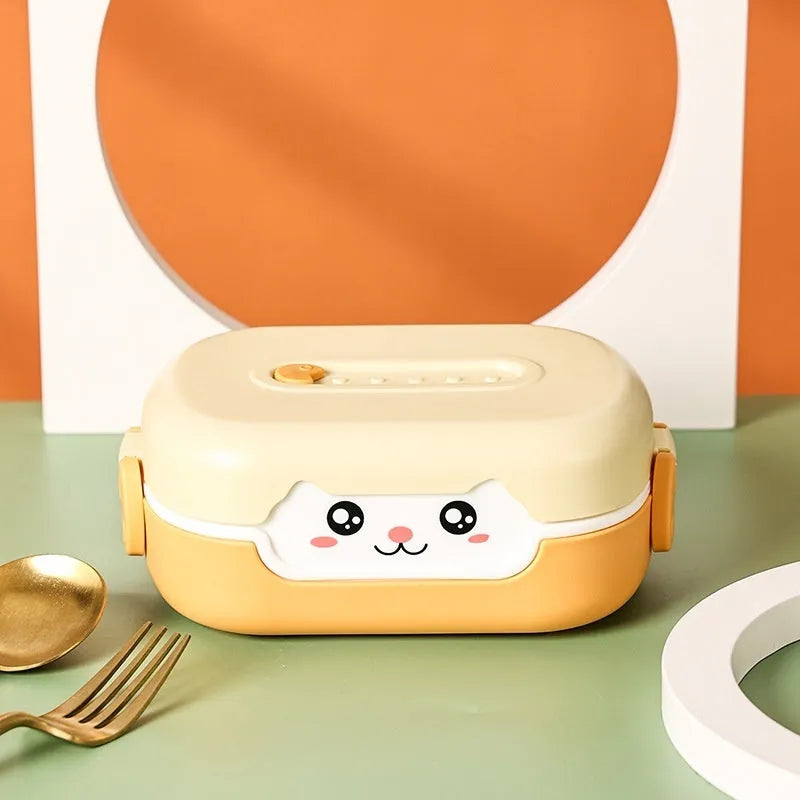 Square divided plastic lunch box with cartoon design in dark blue, orange, or pink-green colours