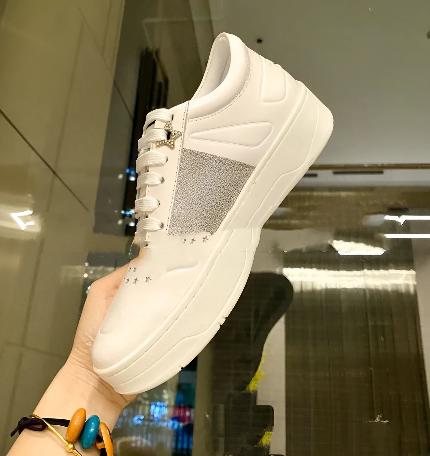Pearl sequin lace-up platform casual white shoes with cowhide upper and breathable design