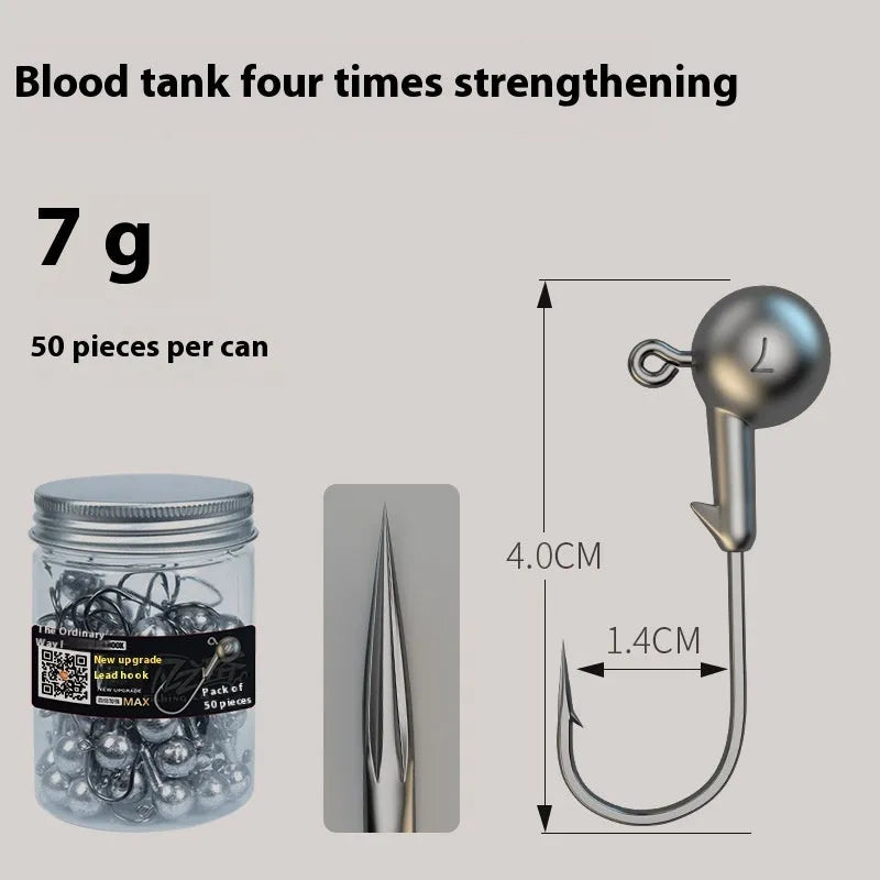 Set of 50 enhanced steel fishing jig hooks with barbed design and lead-head construction