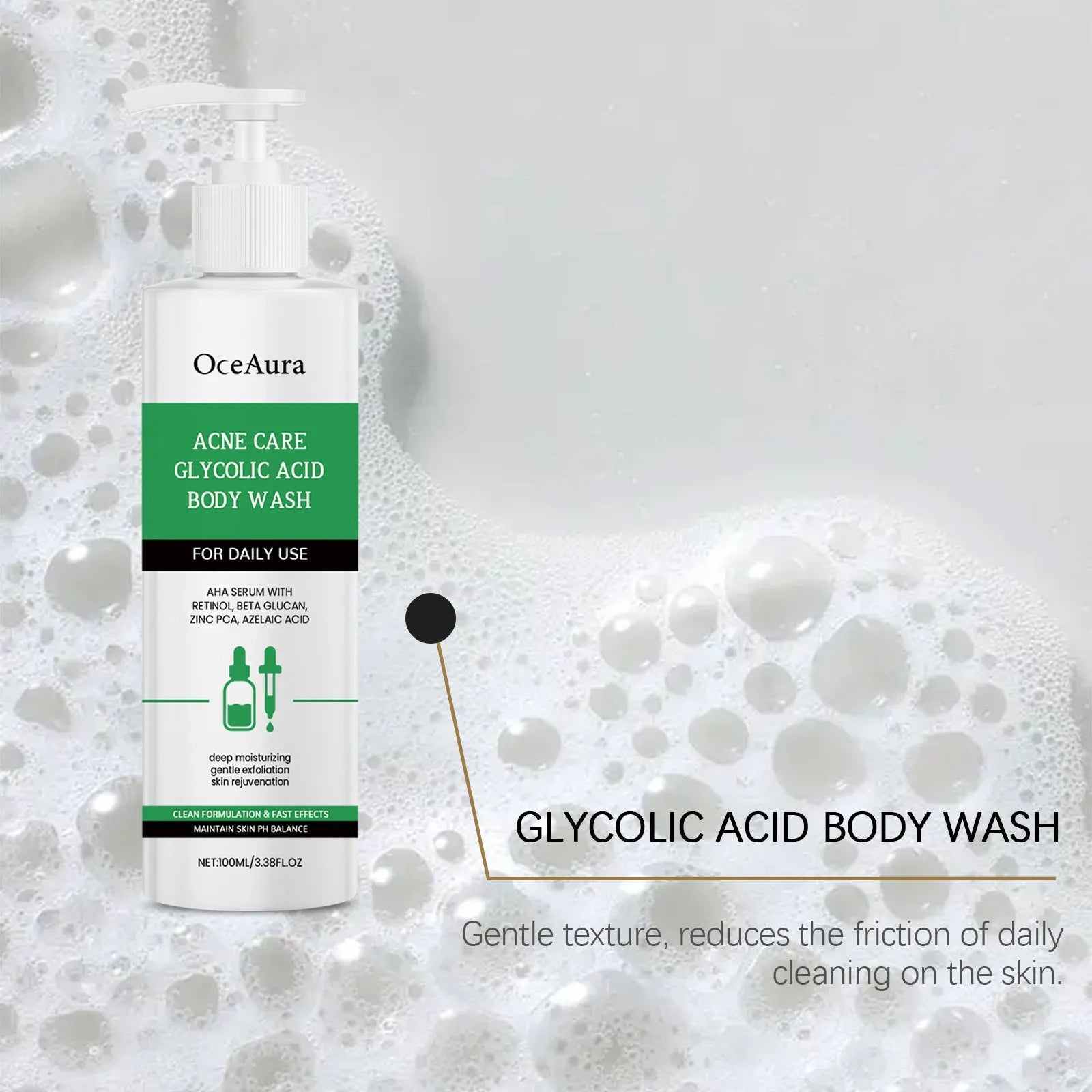 100ml shower gel bottle with glycolic acid and retinol formula for oily skin