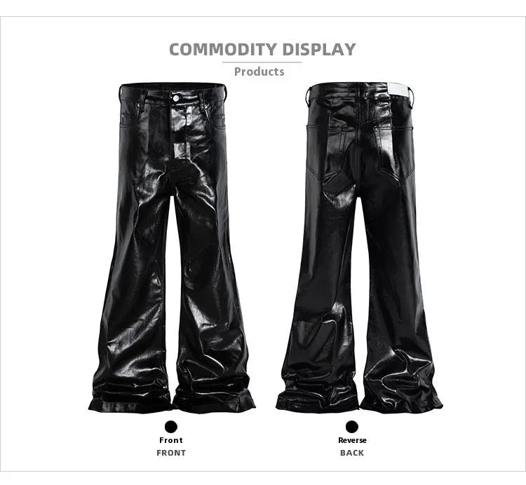 Black women's skinny jeans with a shiny patent leather coating on the denim fabric, shown in a straight-leg cut.