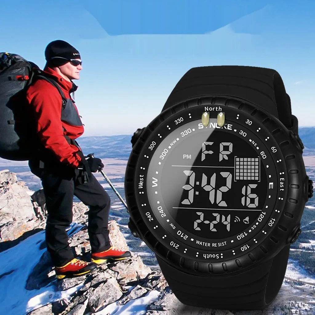 Black waterproof electronic outdoor watch for men with a large 54.74mm plastic case and PU strap.