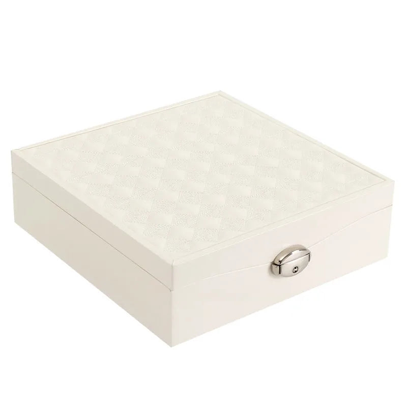 Red and white large capacity PU jewellery storage box for necklaces and rings.