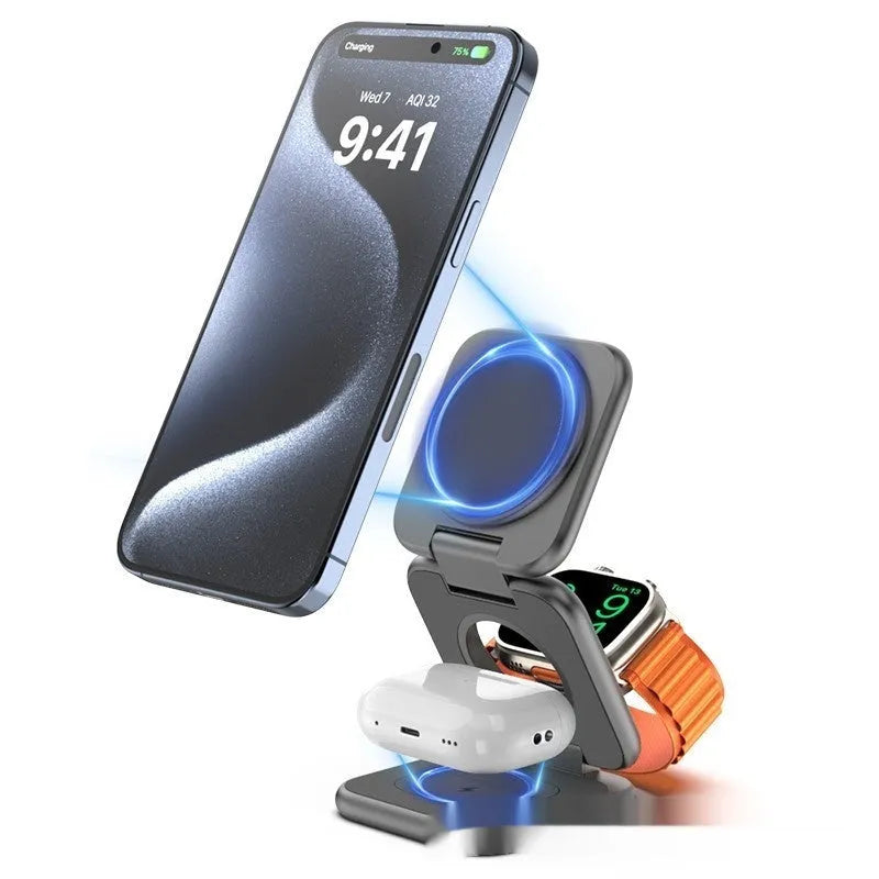 Black foldable magnetic wireless phone charging holder showing stand and compact size.