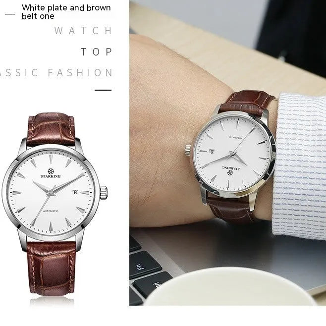 Starking Star Watch automatic men's mechanical watch with light brown leather strap on wrist
