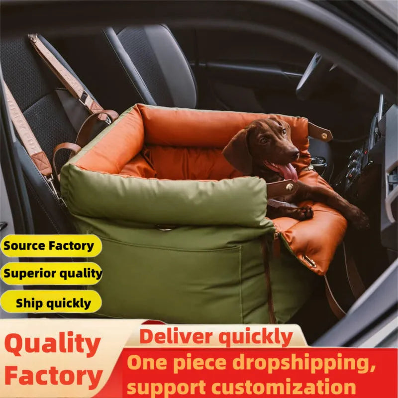 Green removable washable dog car nest with waterproof PU base, shown in a car boot