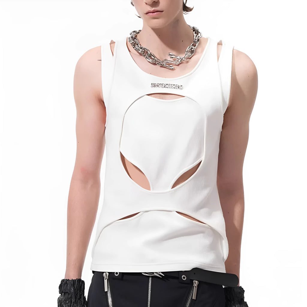 Man wearing a loose-fitting black sleeveless vest with a round neck, showcasing the hollow-knit fabric texture.