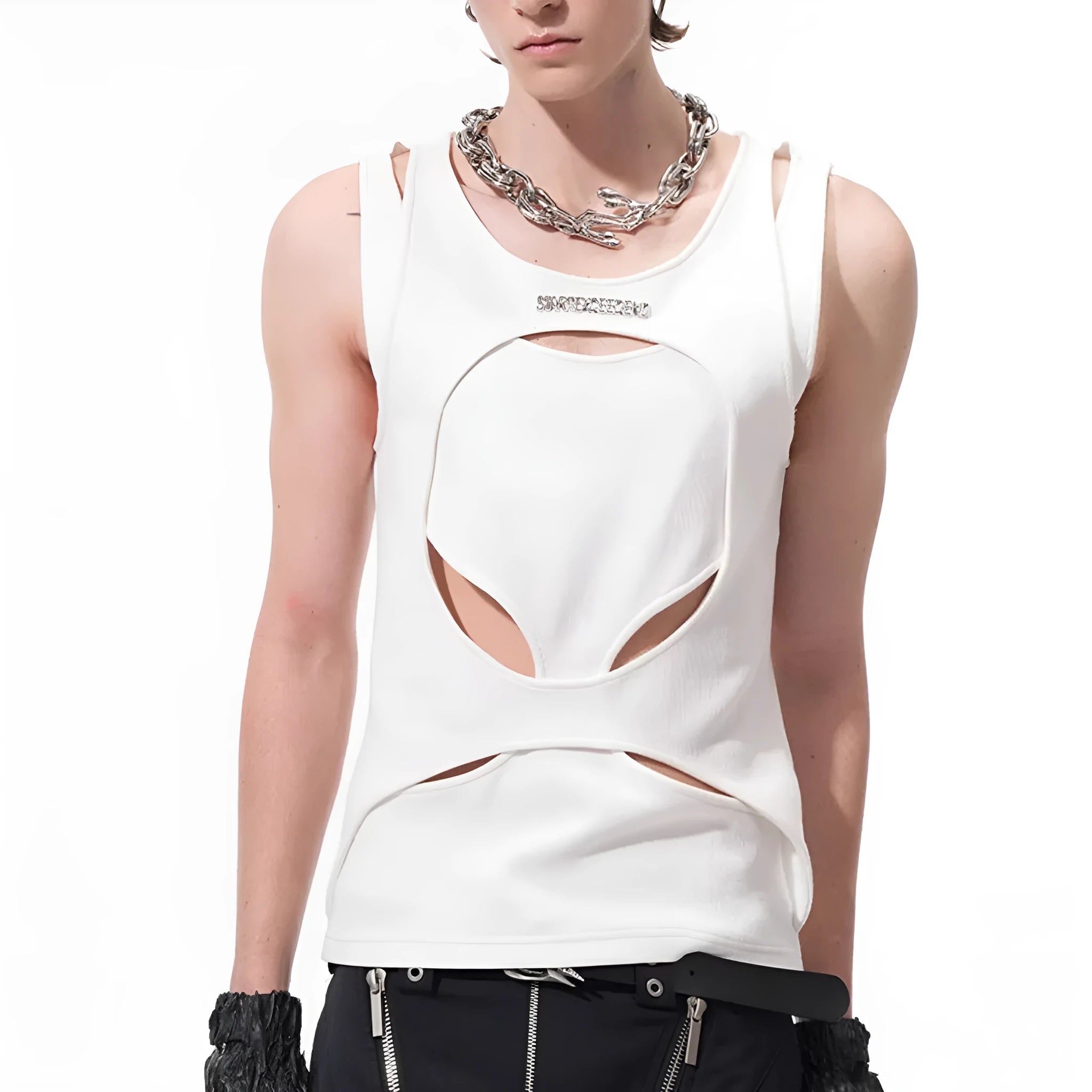 Man wearing a loose-fitting black sleeveless vest with a round neck, showcasing the hollow-knit fabric texture.