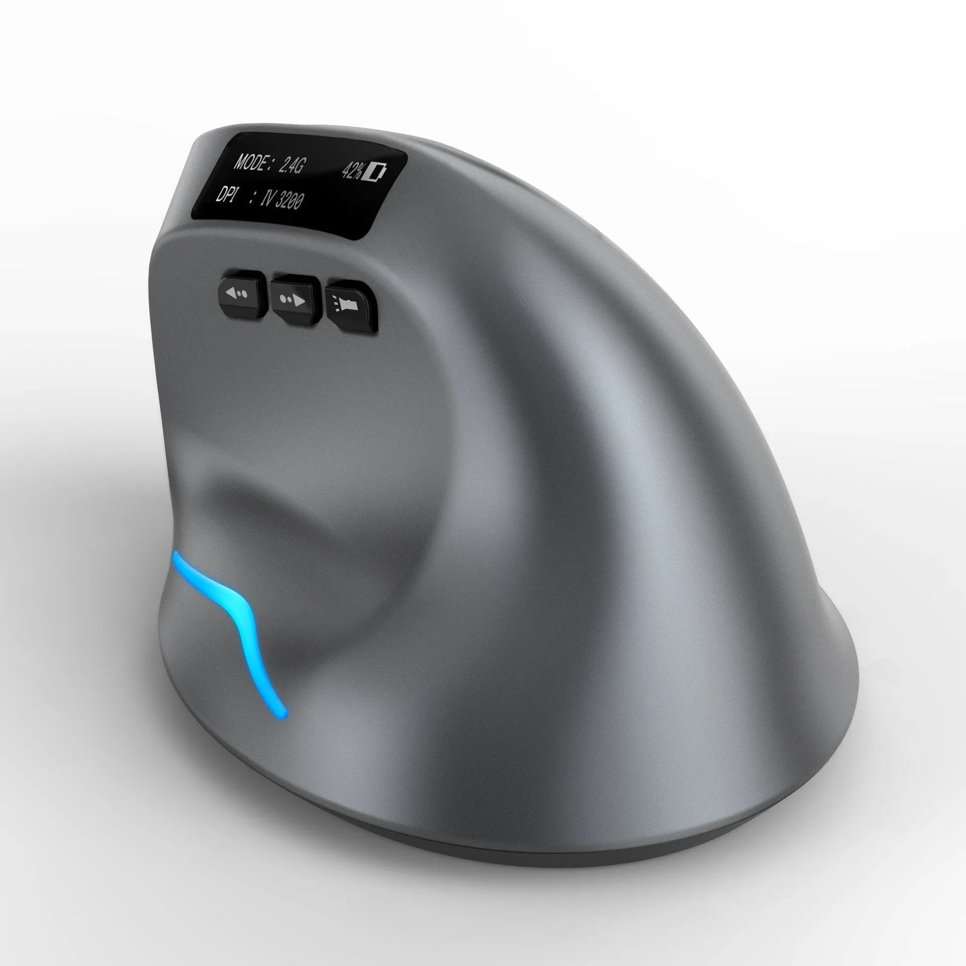 Grey Bluetooth self-charging vertical mouse with dual-mode grip design for laptop use