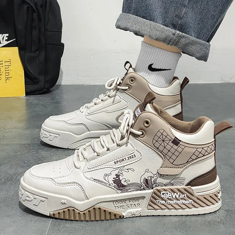 Men's beige board shoes with mesh lining and rubber sole, front lace-up closure