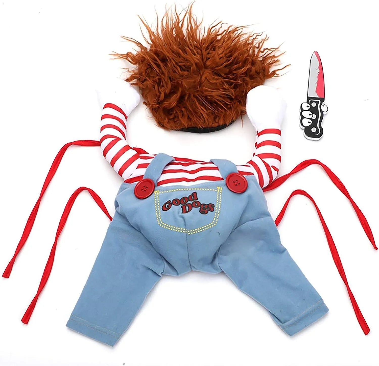 Striped Halloween harness pants costume set for dogs and cats with knife accessory