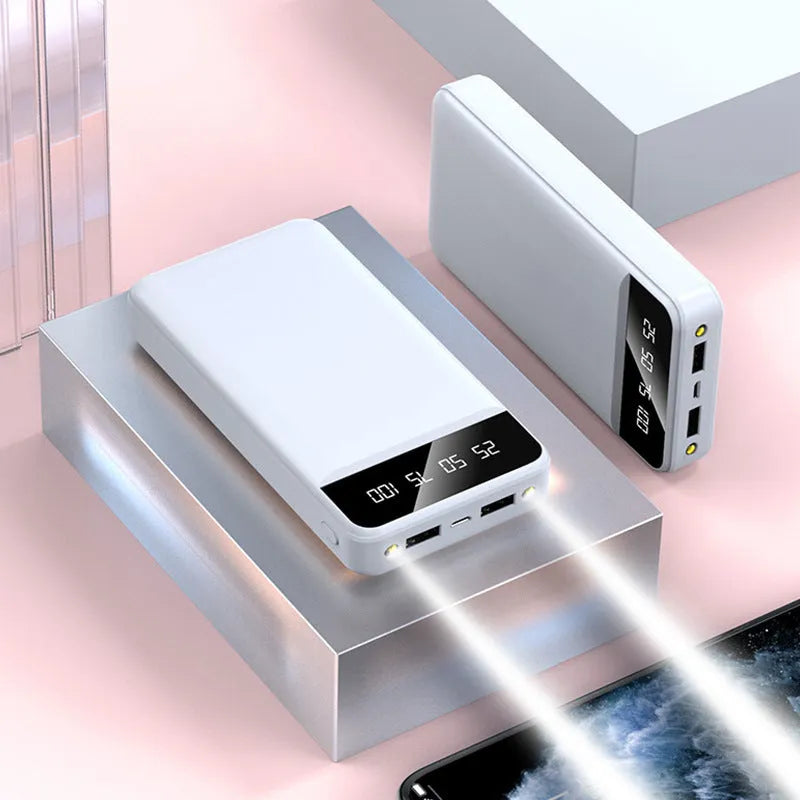 20000 mAh polymer power bank with multiple USB ports in black white pink blue colours