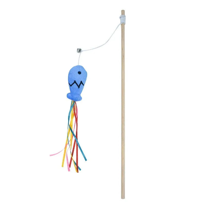 Interactive cat wand toy with colourful ribbons, bell, and catnip fish on a wooden handle.