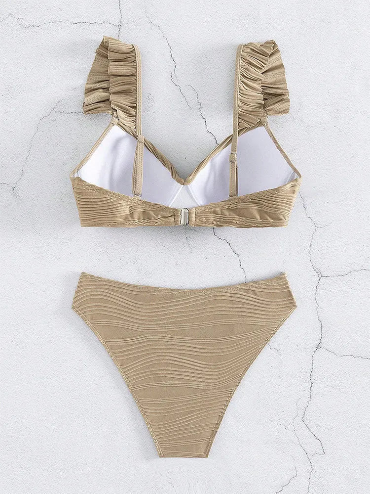 Solid colour women's bikini swimsuit set in black or khaki on a mannequin