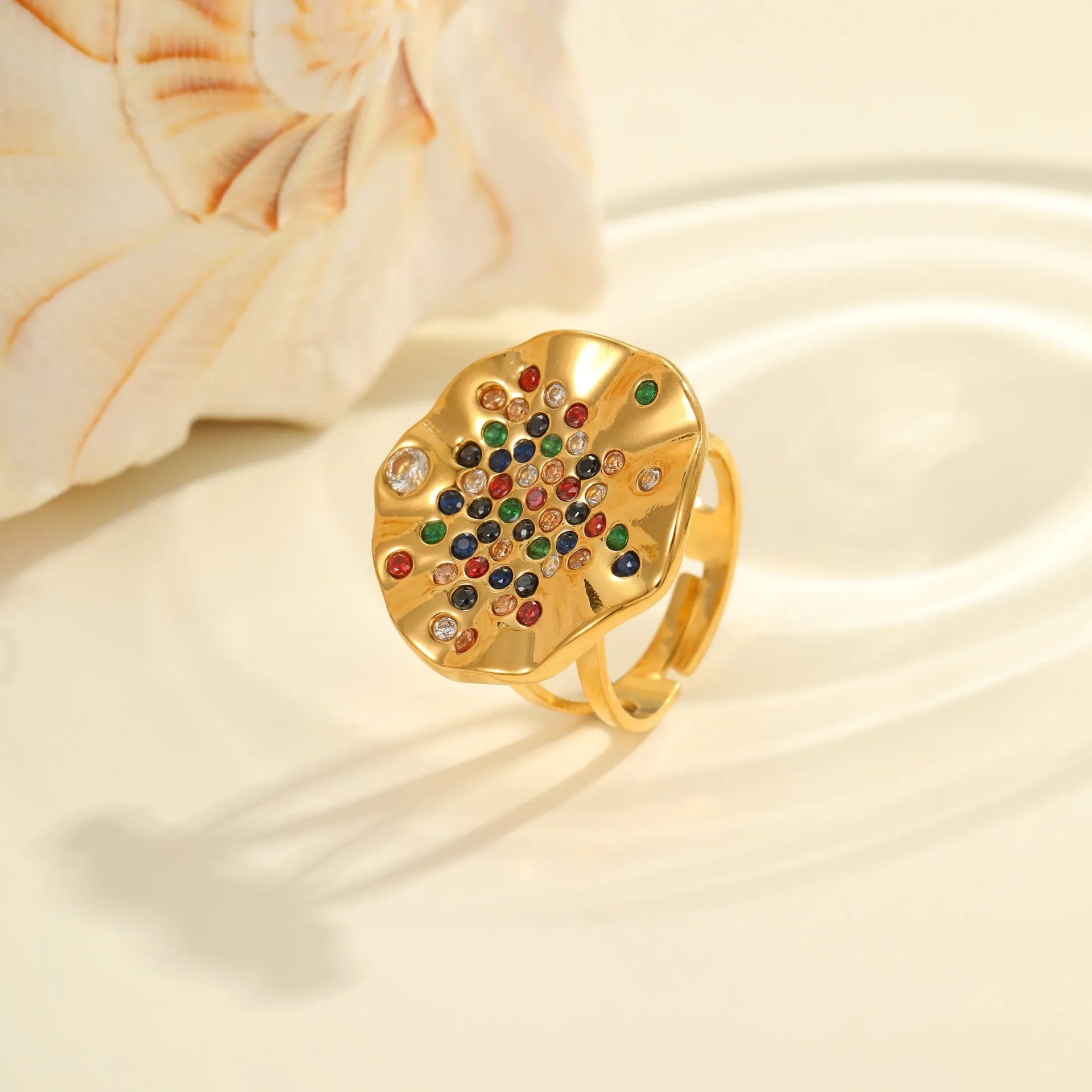 Pleated geometry stainless steel ring with colour diamond inlay and open mouth adjustable design