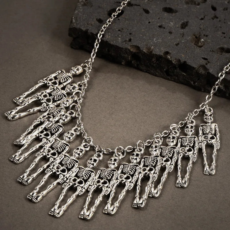 Dark style skull and ghost hand necklace and earrings set in silver or black electroplated alloy with 41-50cm chain