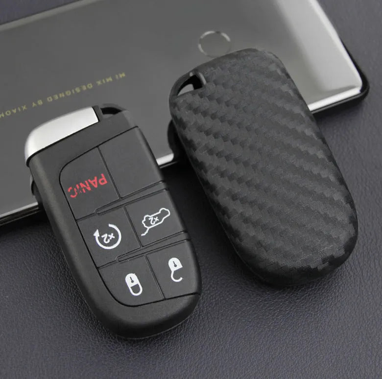 Black silicone key case with carbon fibre texture for Dodge Chrysler Fiat car remote fob
