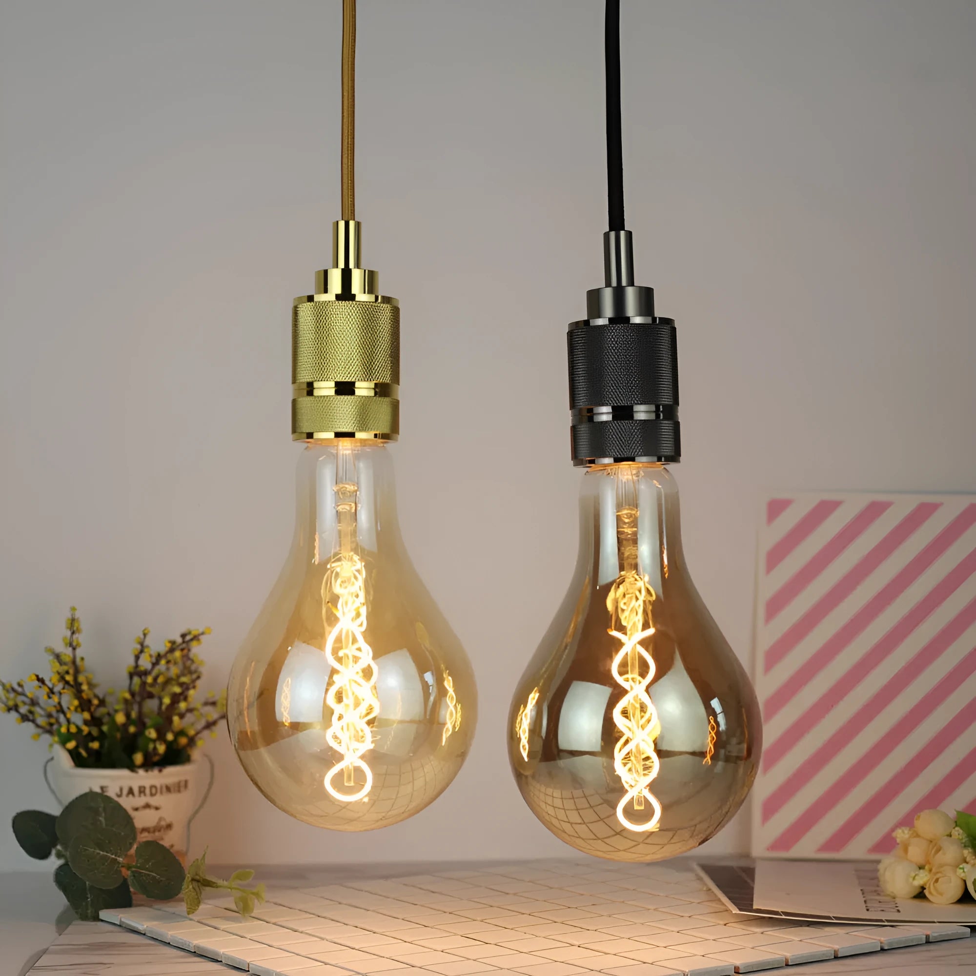 Double helix spiral LED soft light strip in gold or gray finish.