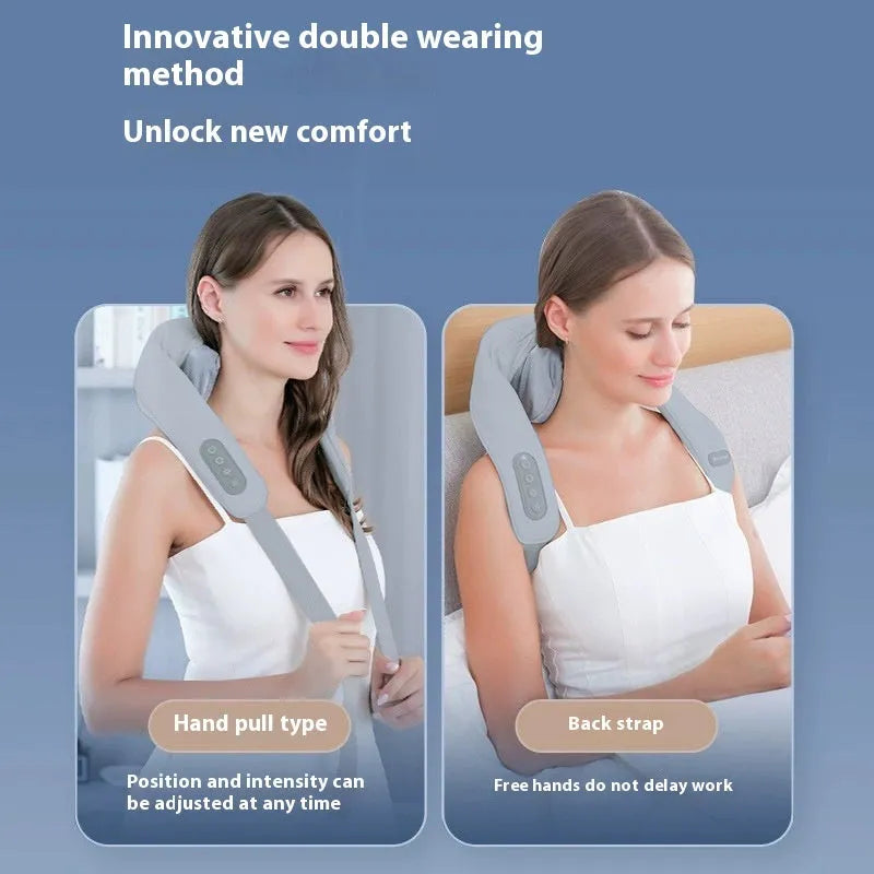 Grey elastic fabric neck and back massager with USB charging port and infrared function