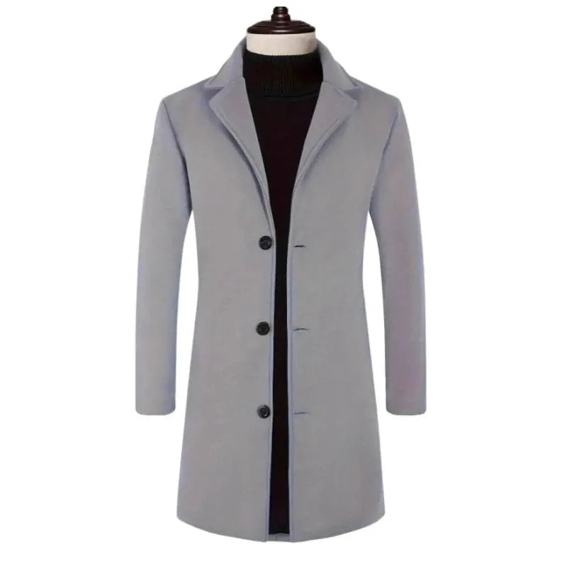 Men's loose fit solid colour trench coat in khaki, mid-length polyester outerwear with side seam pockets