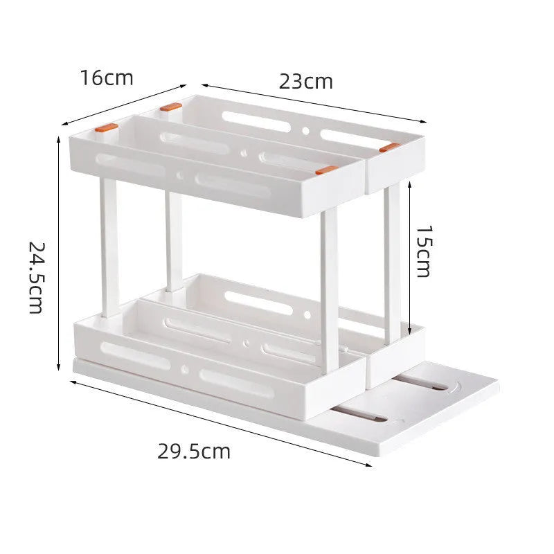 Plastic pull-out spice rack with double layer in milk white for under sink kitchen cabinet storage