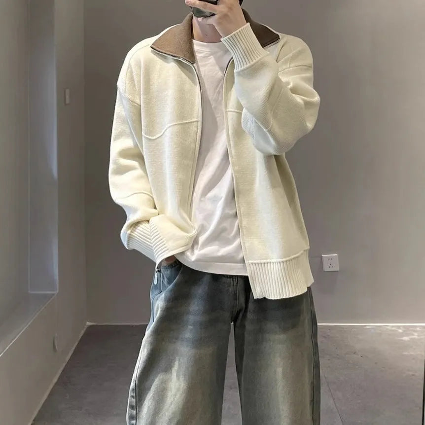 Barne style contrast colour knitted cardigan sweater for men, loose fit, long sleeves, apricot colour, front view
