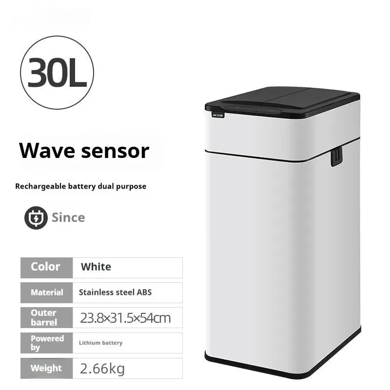 Stainless steel square inductive smart trash can with sensor lid and large capacity.