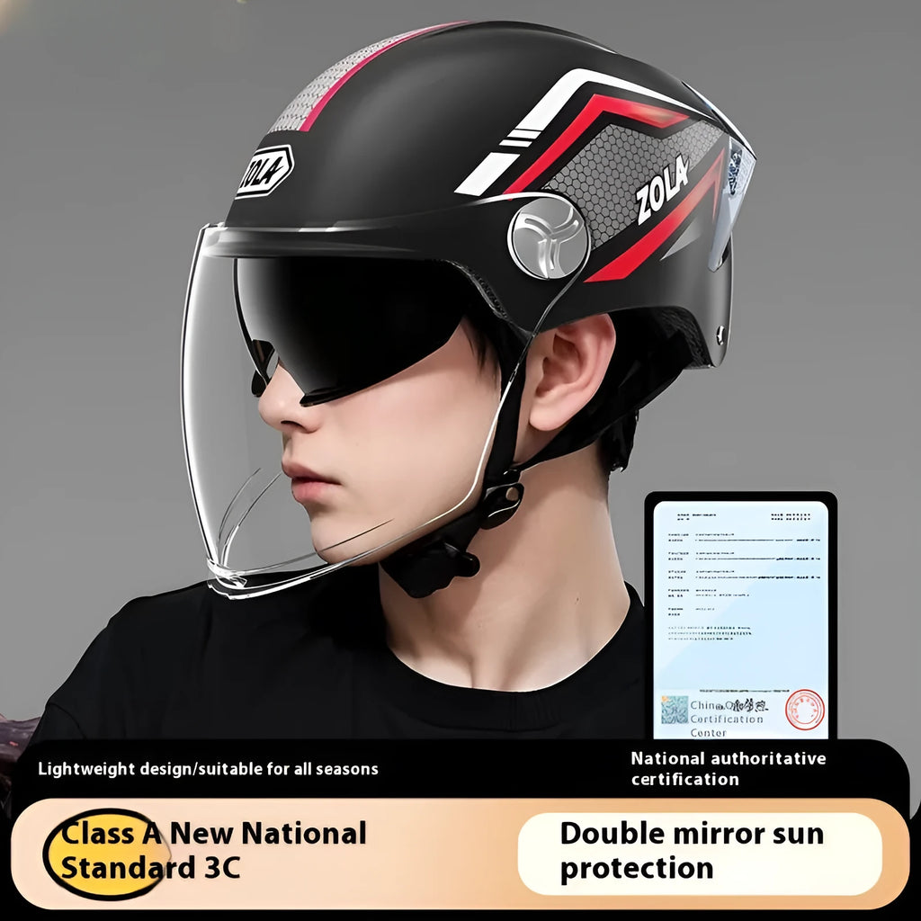 3C certified motorcycle half helmet showing integrated sun visor and dual anti-fog mirrors on a swivel mount.