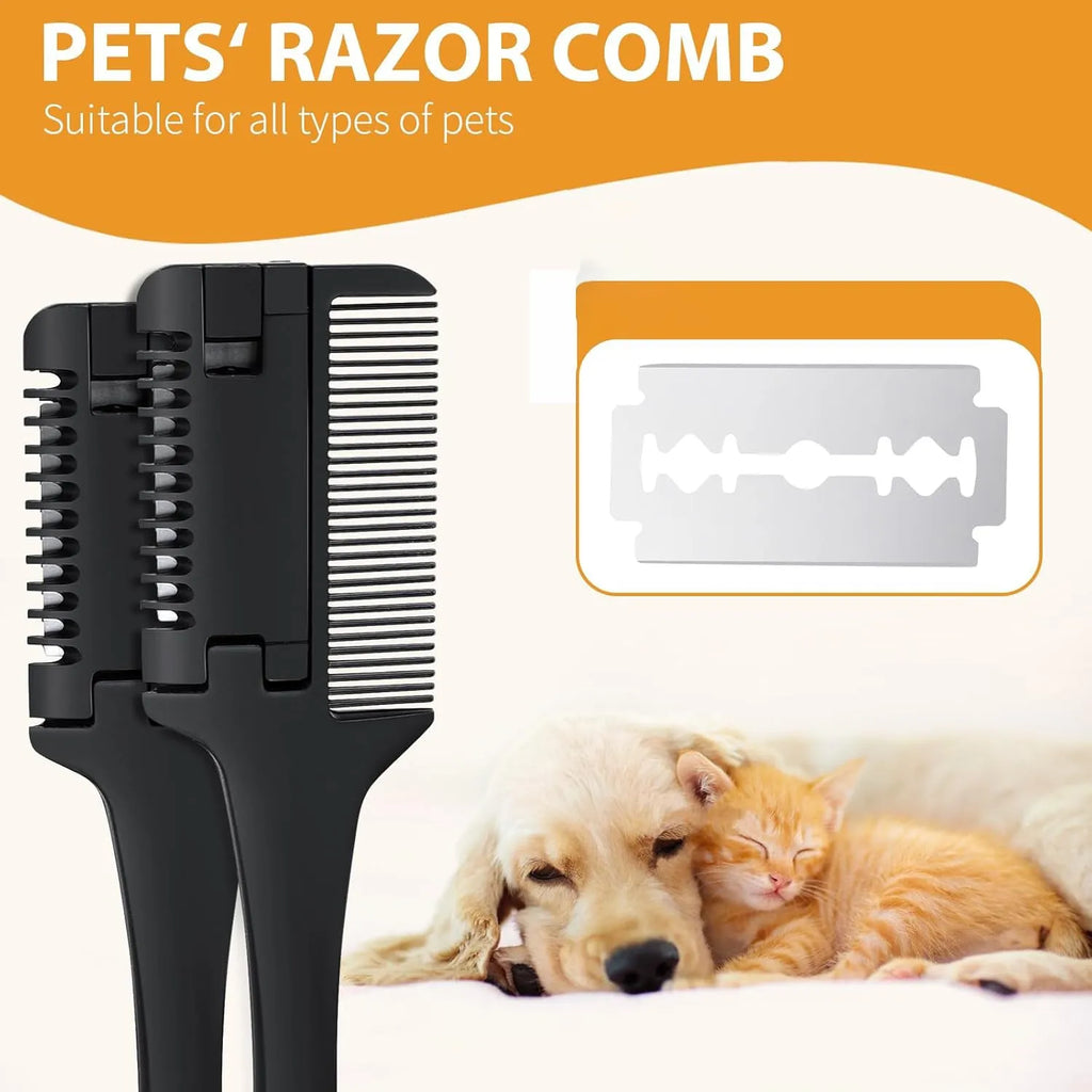 Pet razor comb with comb teeth and trimming blade, includes 10 spare blades for dog and cat grooming.