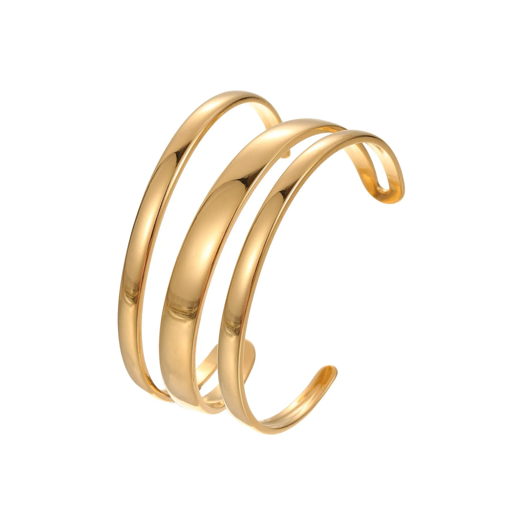 Geometric line design stainless steel bracelet with simple opening clasp, shown in gold and steel colour options.