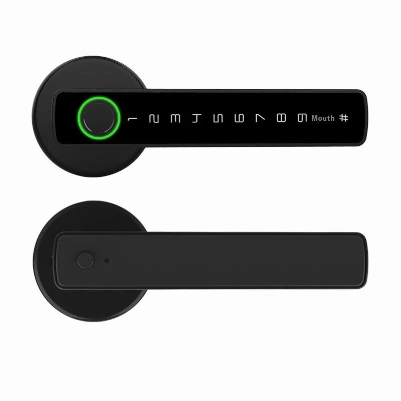 Black spherical handle smart door lock with fingerprint scanner and keyhole for wooden doors