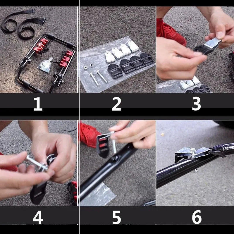 Black and red trunk mounted car bike rack with tie rope and pull belt fastening options.