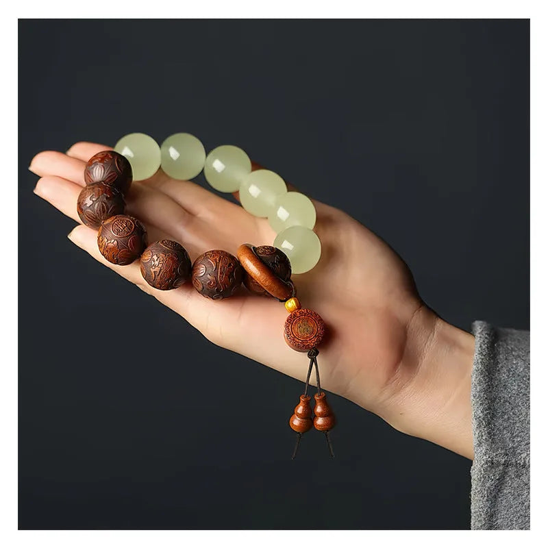 Unisex Amass Fortunes rosewood flexible ring bracelet with Fu carving on 20mm beads