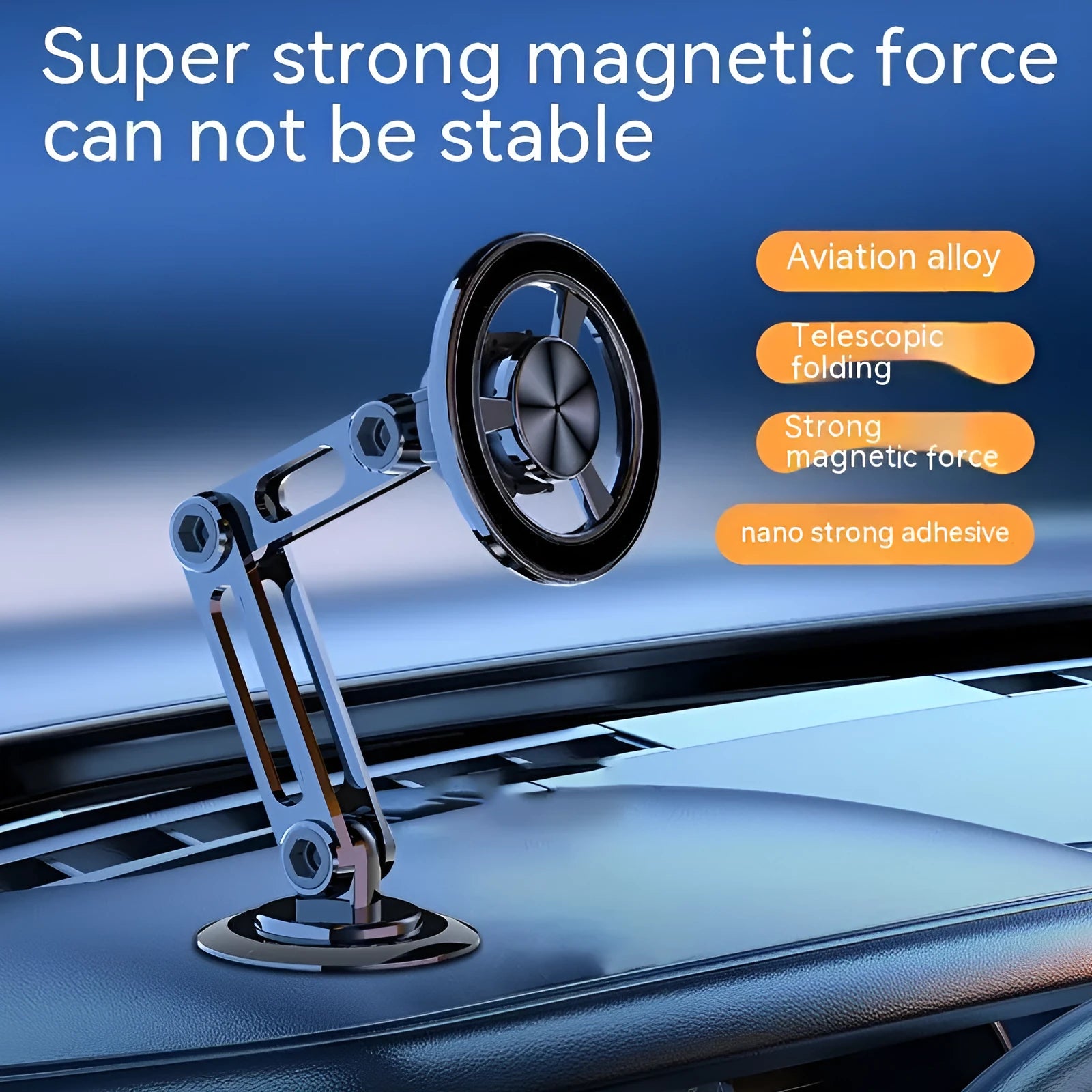 All-metal magnetic car phone holder in black, silver, gold, or rose gold with magnetic rings and adhesive pads.