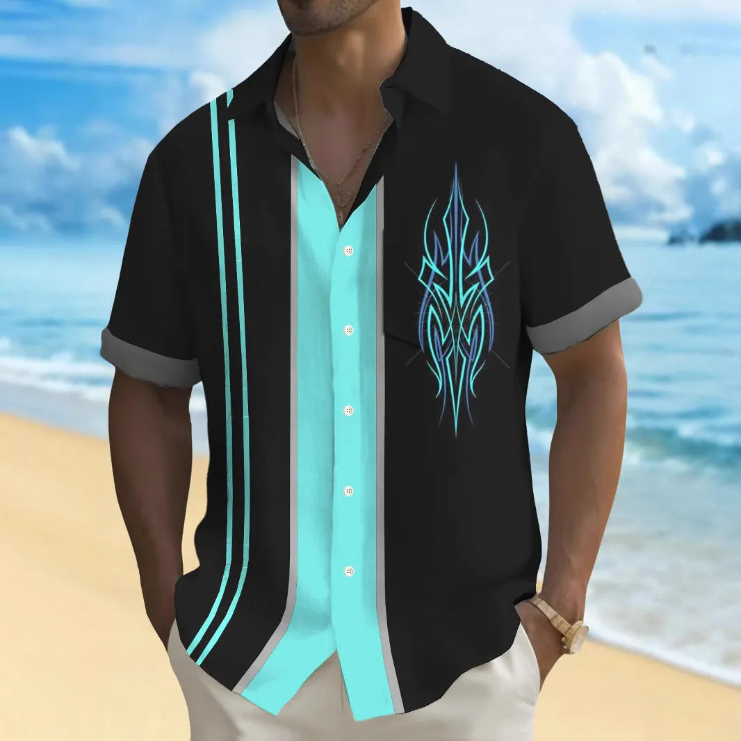 Men's multicolour printed loose fit polyester shirt shown in casual setting