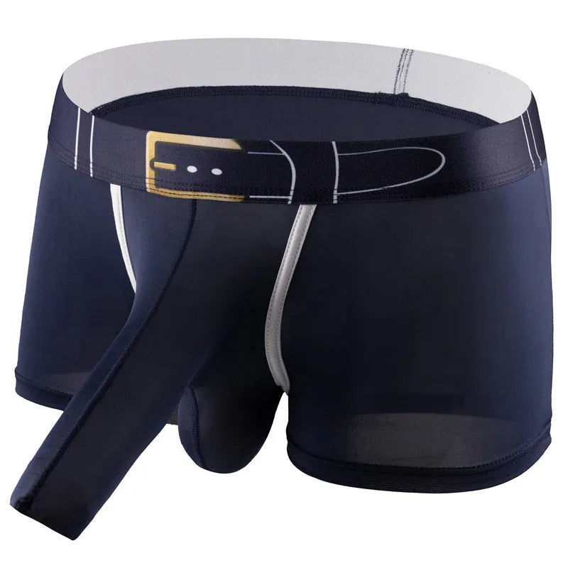 A pair of solid grey men's ice silk boxers laid flat, showing the mid-waist design.