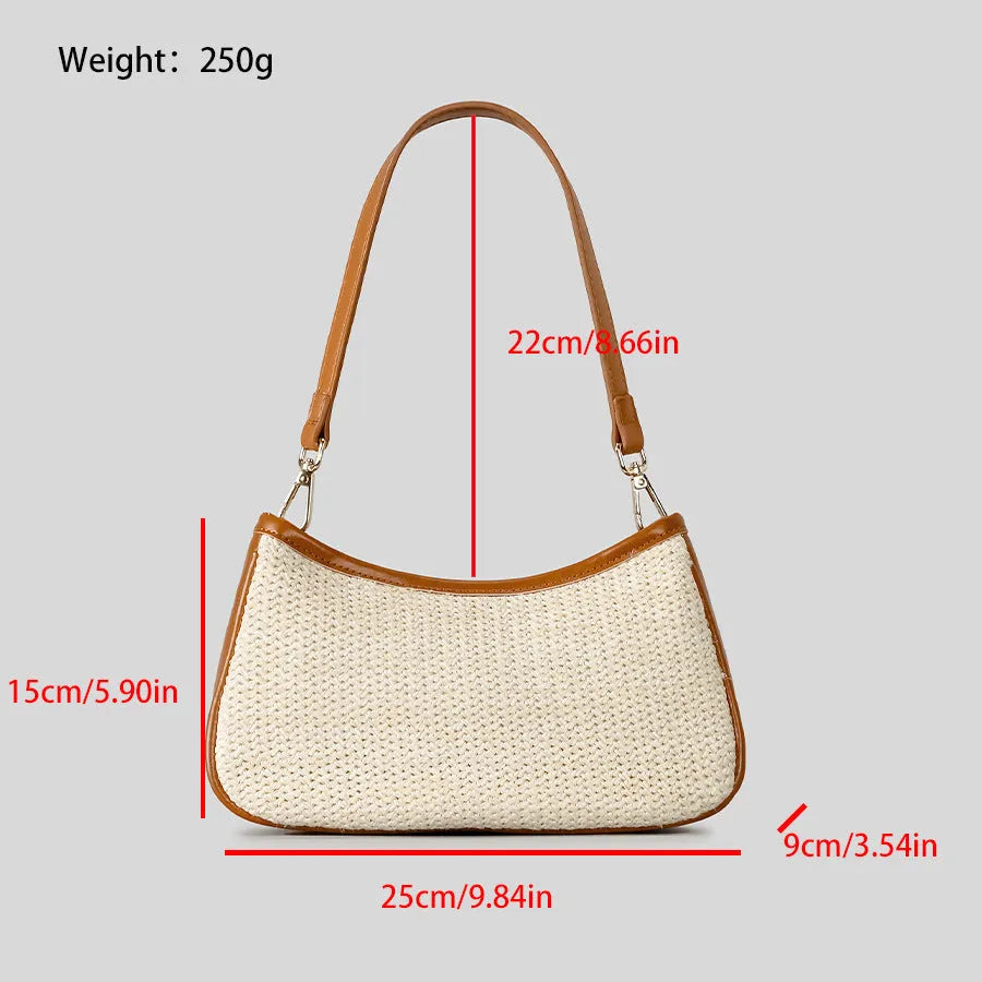 Khaki coloured hand-woven straw selenodon crossbody bag with a single shoulder strap