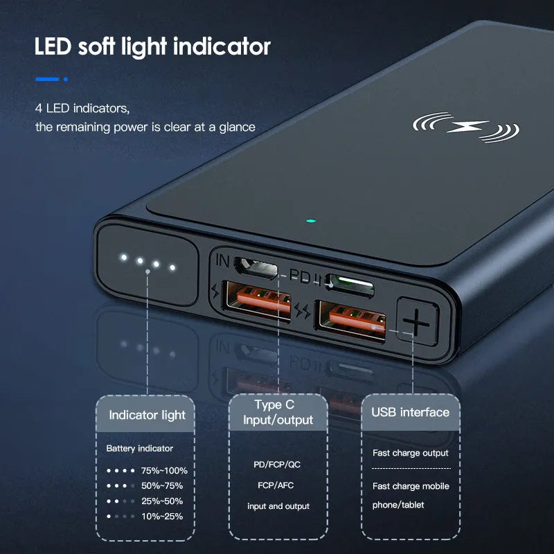 Black and blue alloy-shell portable power bank showing wireless charging symbol and 10000mAh capacity label