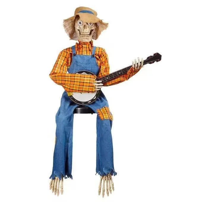 Halloween skeleton banjo decoration in plastic with skull pattern, red classic colour option