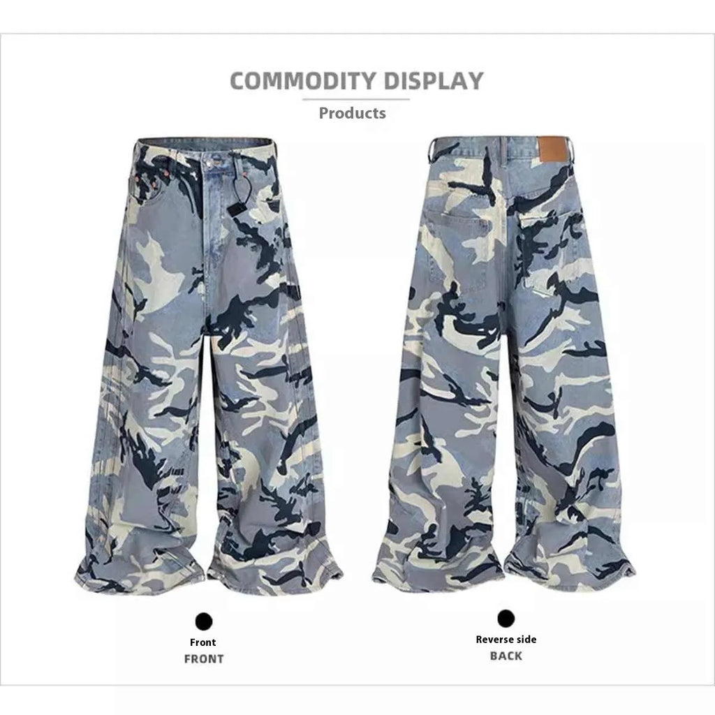 Snow camouflage blue loose fit jeans with micro-elastic stretch in cotton denim