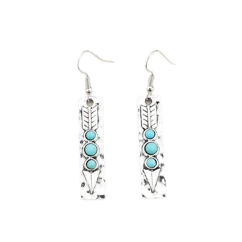 Women's silver geometric long strip earrings with turquoise detail and retro styling