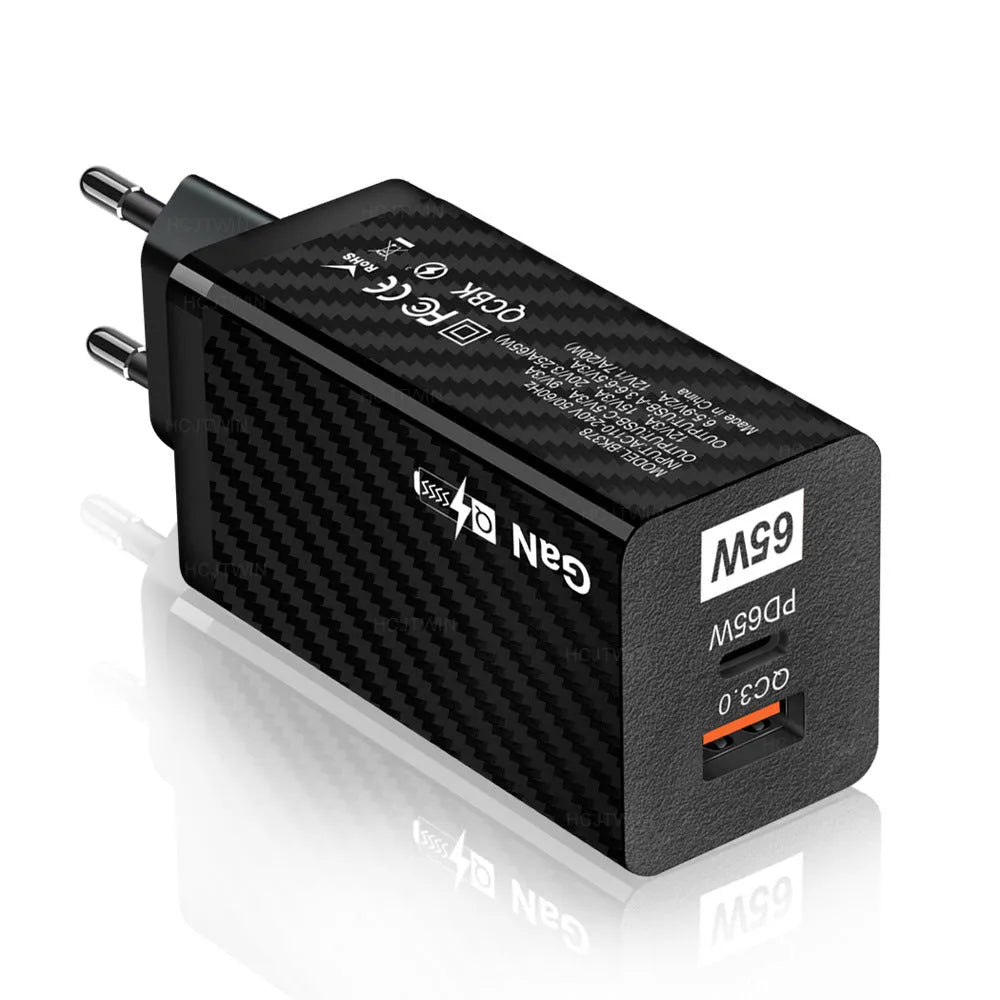 65W Gallium Nitride universal laptop charger in white with USB-C port and compact design