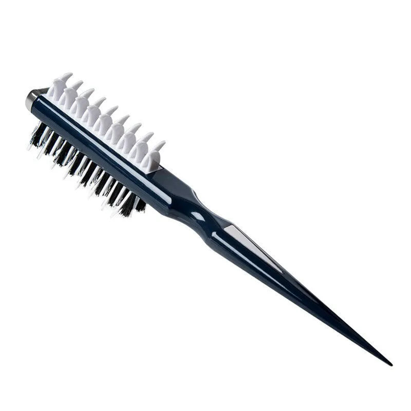 Black hair volumizing comb with natural boar bristles and shark-shaped fins on white background